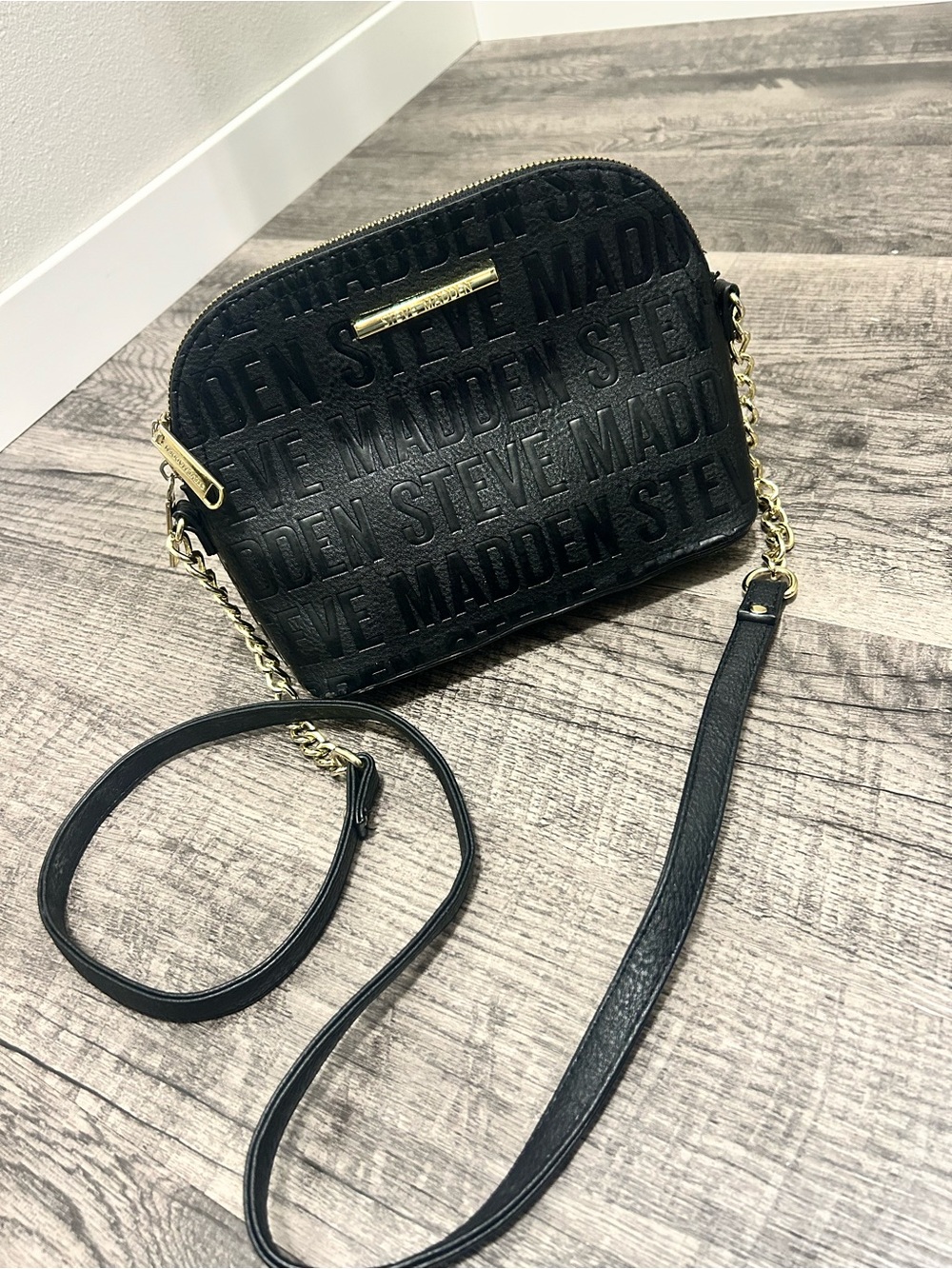 Steve Madden Black Embossed Logo Crossbody with Gold Hardware